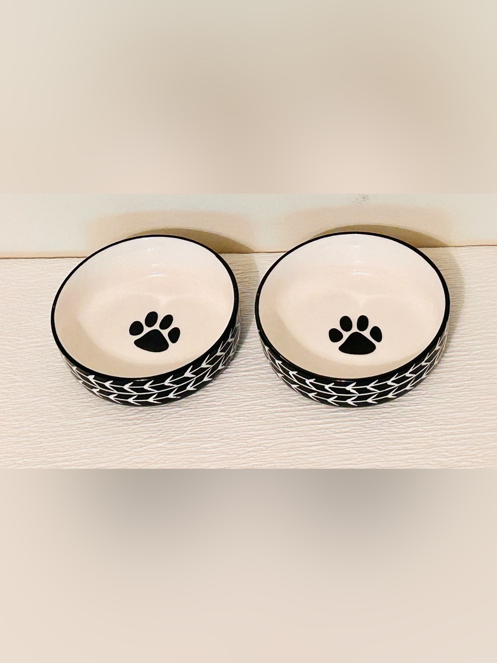 Black and Off White Ceramic Dog Bowls - Matching Set of 2 - Picture 2 of 5
